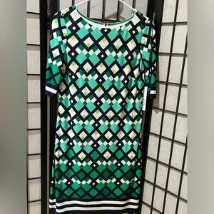 ELIZA J Geometric Green & Navy Shift Dress KNEE LENGTH SIZE 8